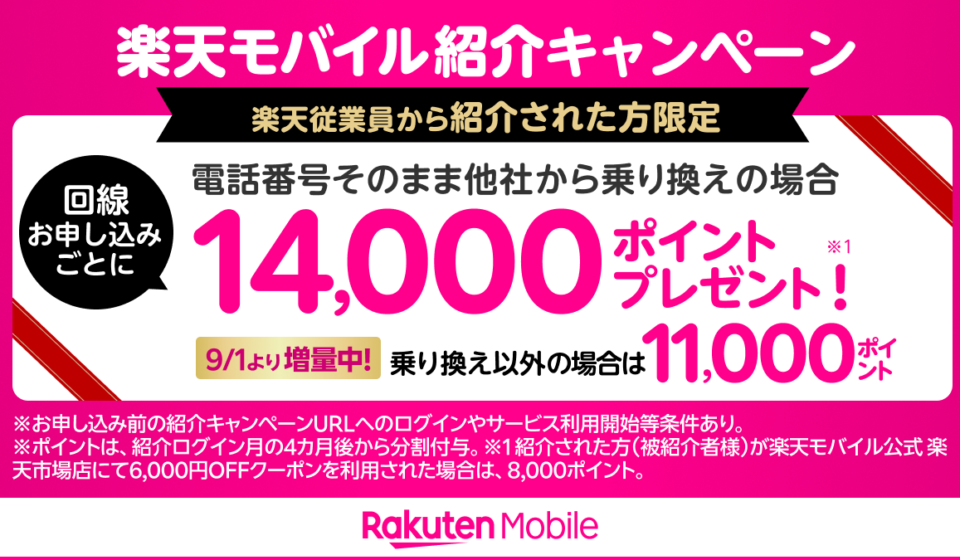 【2026年8月最新】楽天モバイル従業員紹介キャンペーン|MNP14,000P・新規11,000P rakuten-mobile-campaign-hero